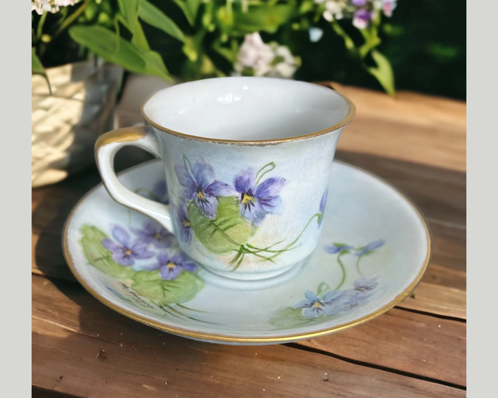 Vintage Limoge Purple Floral Hand Painted Porcelain Tea Cup with Saucer, Gold Ri